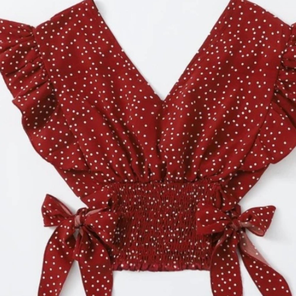 Shein Surplice Front Knot Side Polka Dot Shirred Top